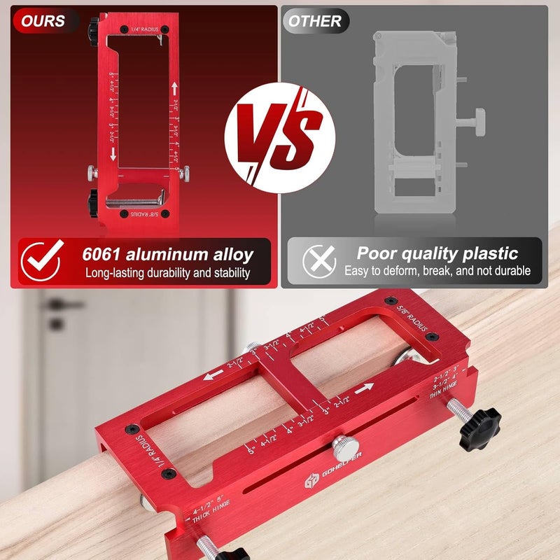 Gohelper Door Hinge Jig and Door Lock Installation Kit, Aluminum Alloy Router Template for Hinge Mortising 2.5" to 5", 1/4" R, 5/8" R, Square Corner Hinge, Not for Jamb, Door Hole Drilling Kit for Wooden Door - Image 3